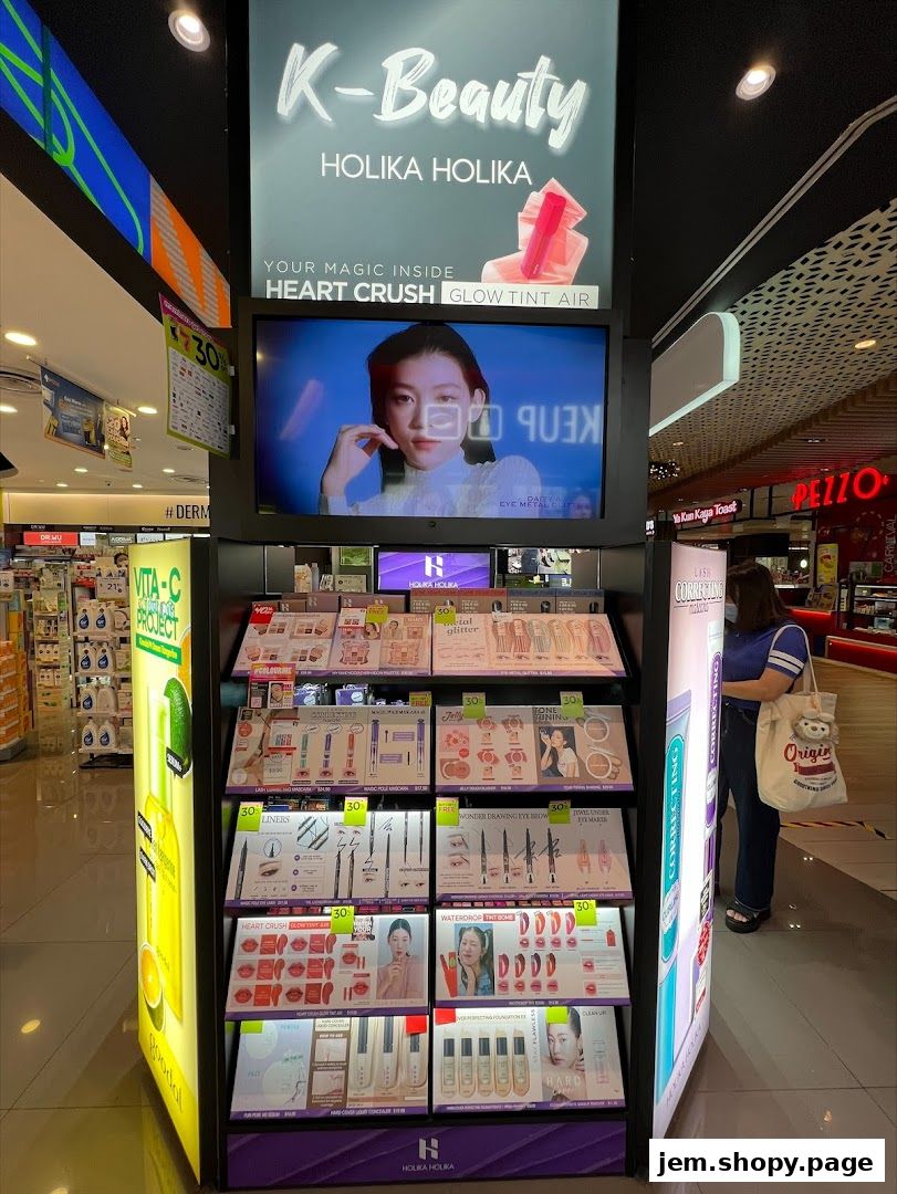 A display of Holika Holika K-Beauty products, featuring makeup and skincare items.