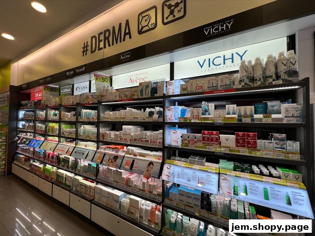 Shelves stocked with skincare products from brands like Vichy and Avene.
