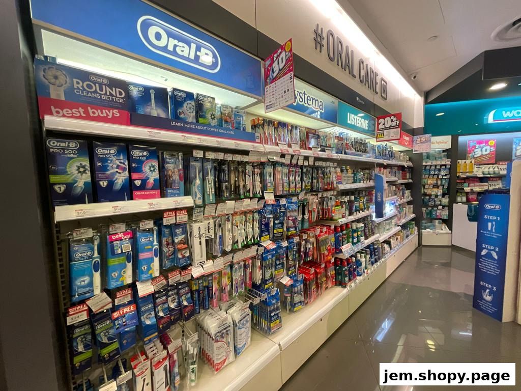 A wide selection of Oral-B toothbrushes and Listerine mouthwash on display.