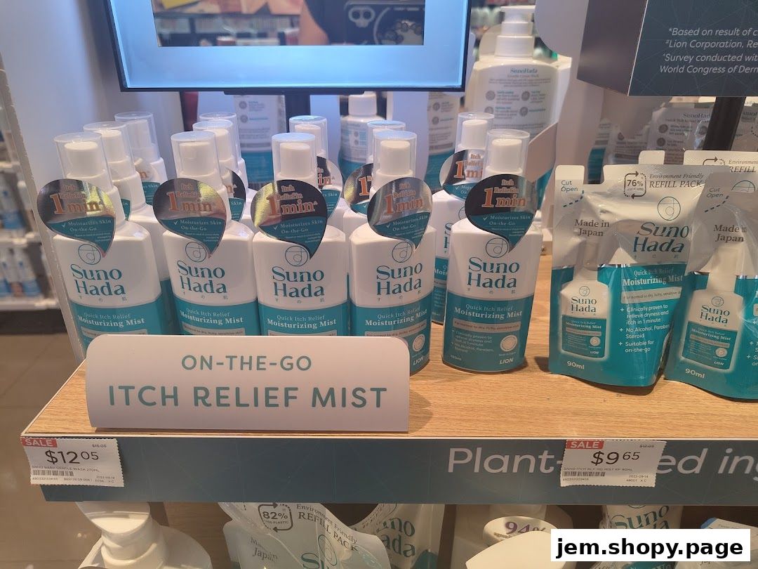 Display of Suno Hada Quick Itch Relief Moisturizing Mist bottles and refill packs.