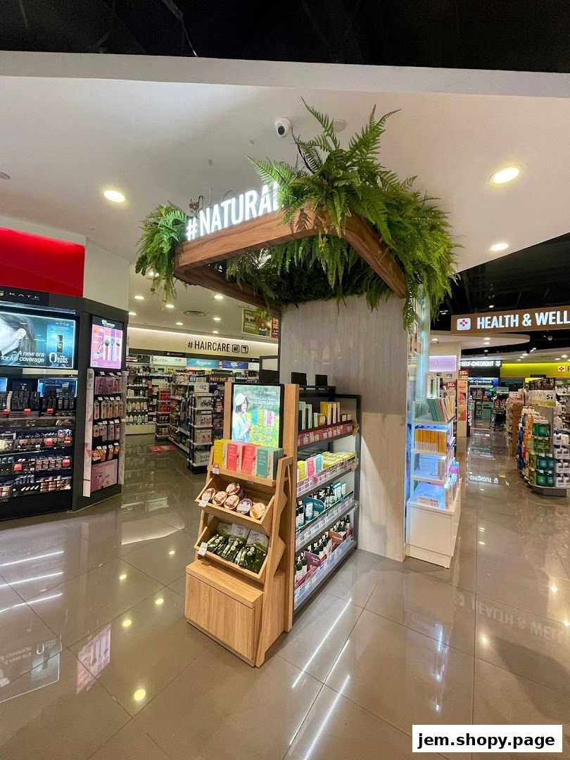 Interior view of a Watsons pharmacy with a display featuring natural products.