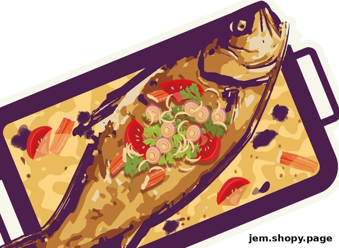 A stylized illustration of a whole fish dish with tomatoes, onions, and herbs.