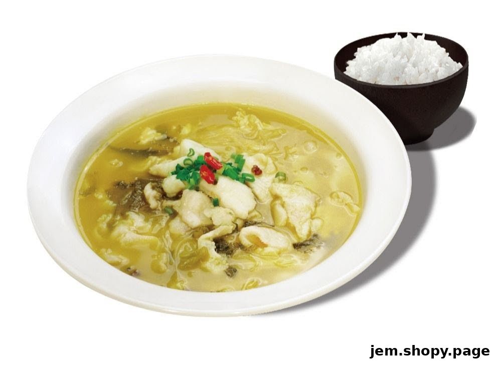 A bowl of fish soup with pickled vegetables and a side of white rice.