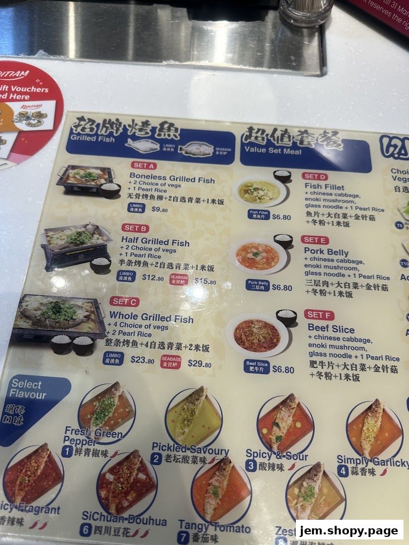 A menu displaying various grilled fish sets, fish fillet, pork belly, and beef slice options with flavors.