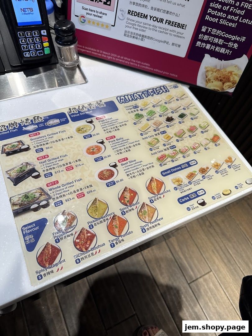 A menu for 'What The Fish' restaurant displaying various grilled fish sets and flavors.