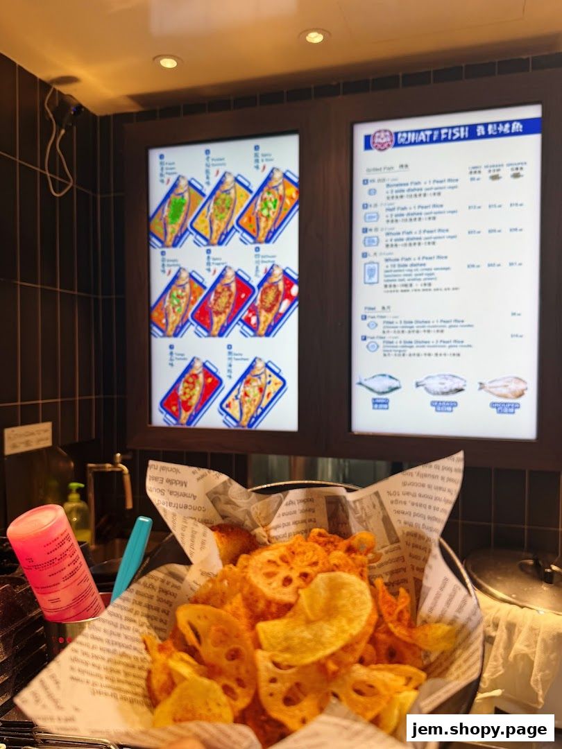 A menu board displaying various grilled fish dishes and side options at What The Fish.
