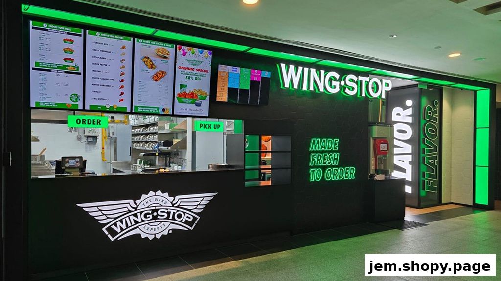 The exterior of a Wingstop restaurant with neon signs and a counter.