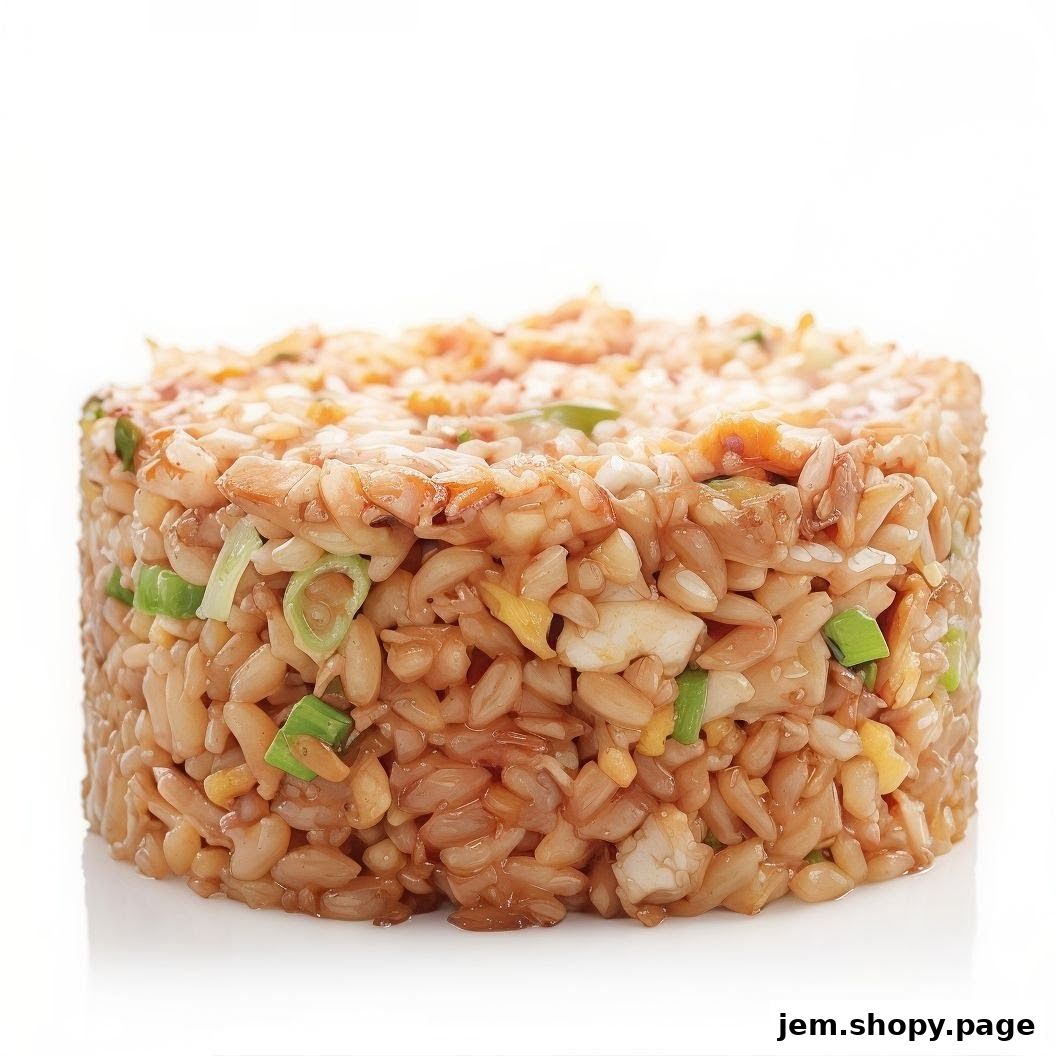 A close-up shot of a perfectly formed portion of fried rice with visible ingredients.