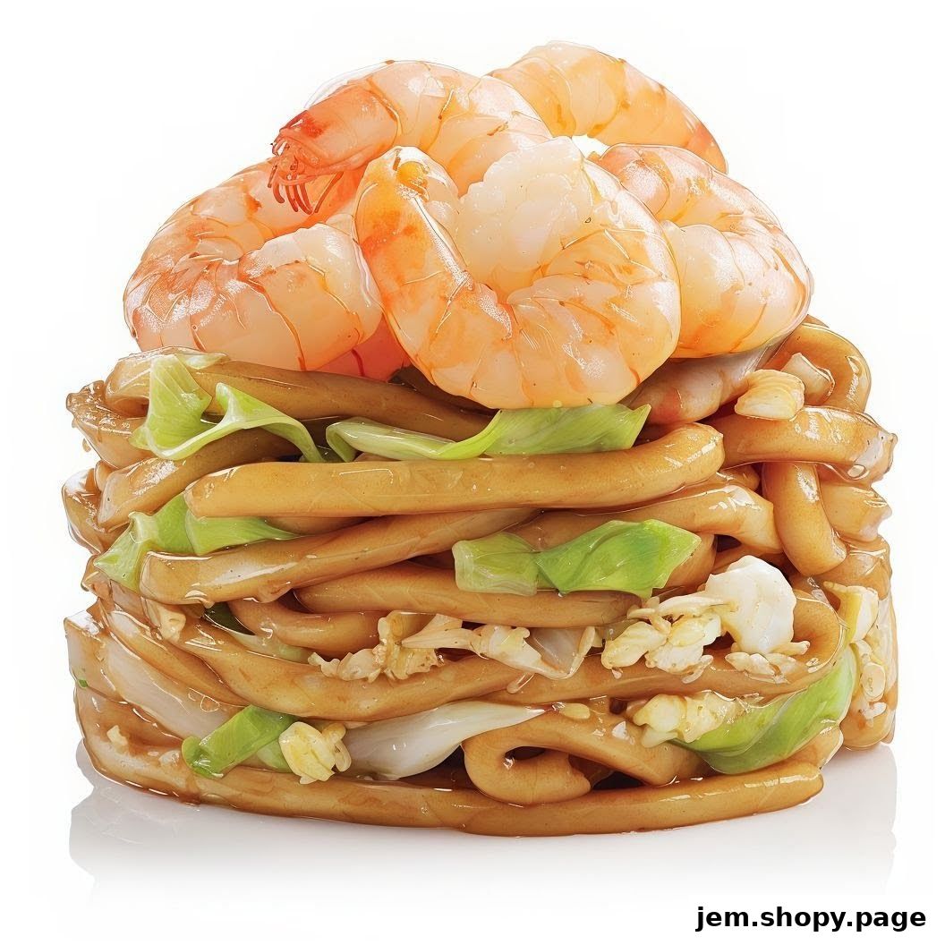 A stack of noodles with shrimp and vegetables, presented as a dish.