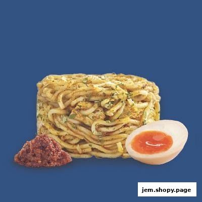 A serving of noodles with a side of chili paste and a halved soft-boiled egg.