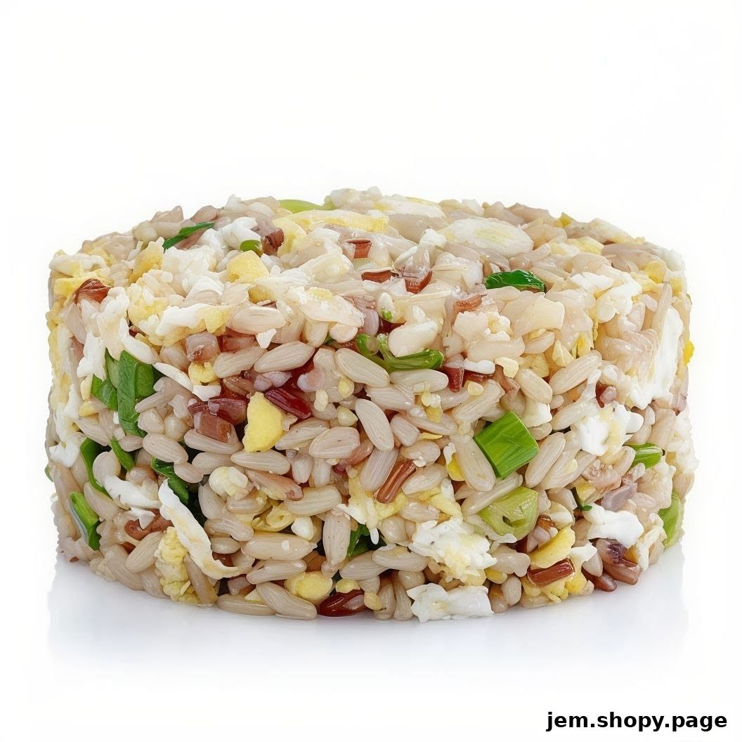 A close-up shot of a cylindrical serving of mixed grain fried rice with scrambled eggs and green onions.