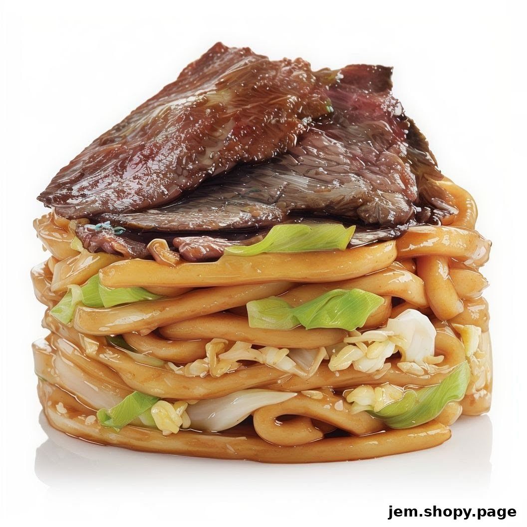 A tall stack of noodles with beef and vegetables, presented as a food item.