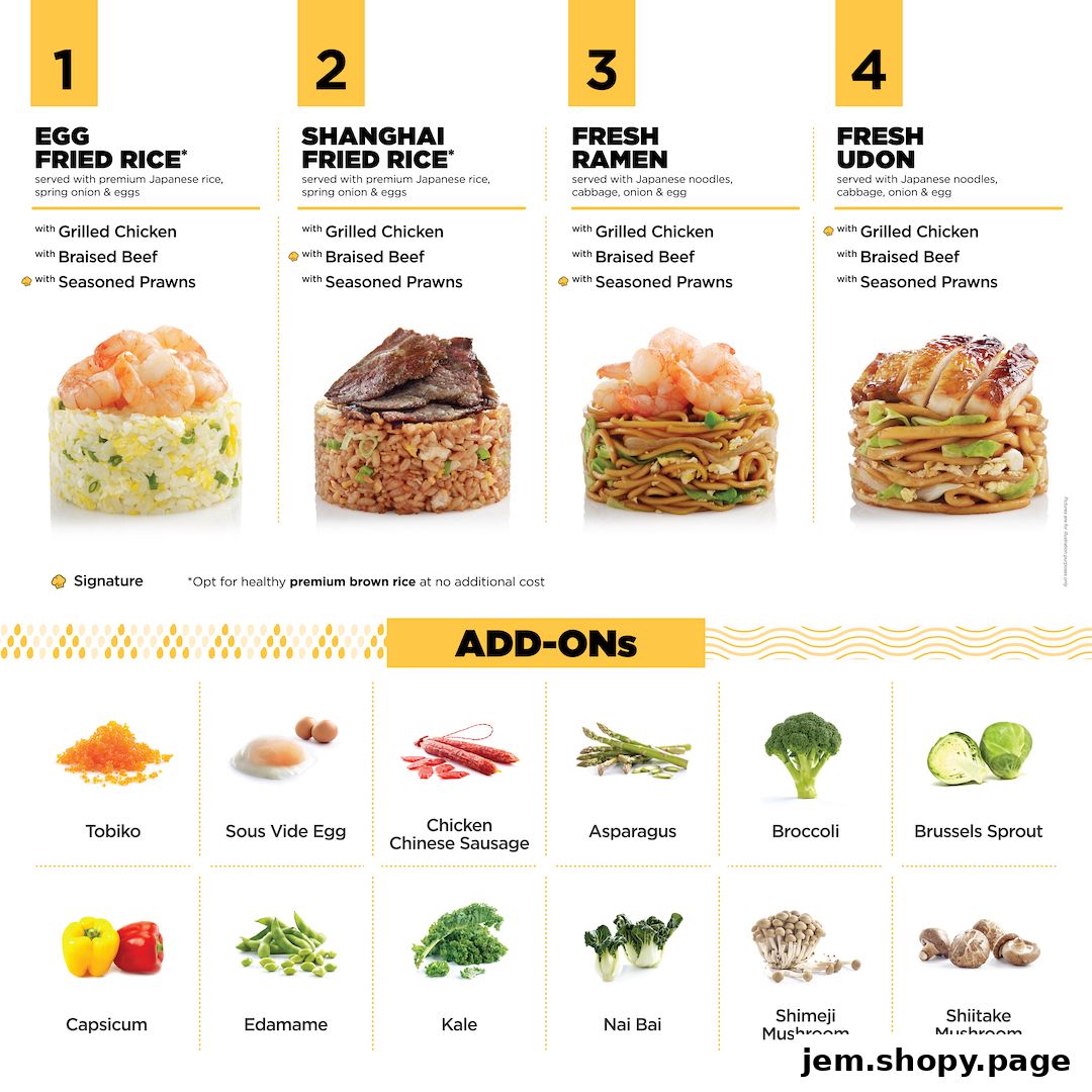 A menu showcasing four main dishes and various add-ons with images and descriptions.