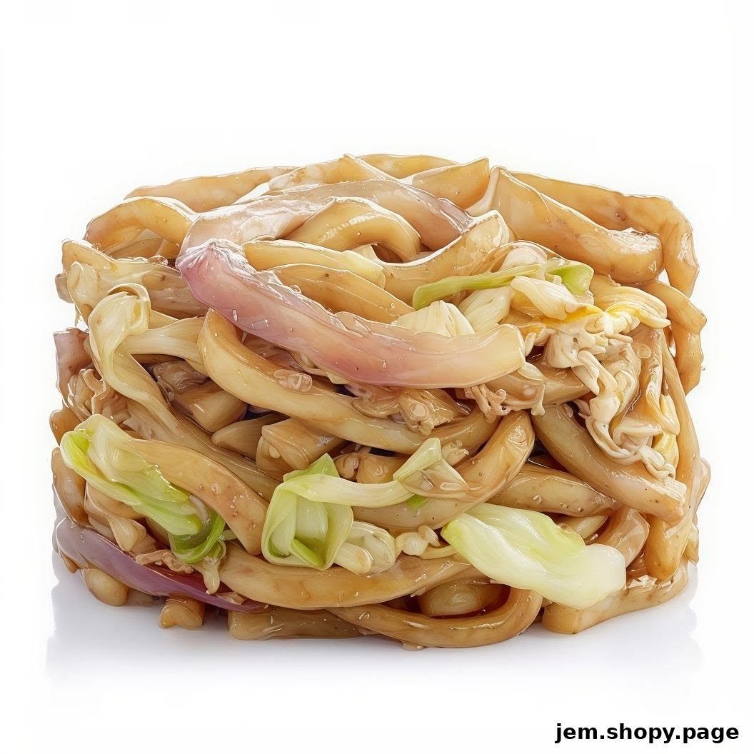 A close-up shot of a generous portion of stir-fried noodles with vegetables.