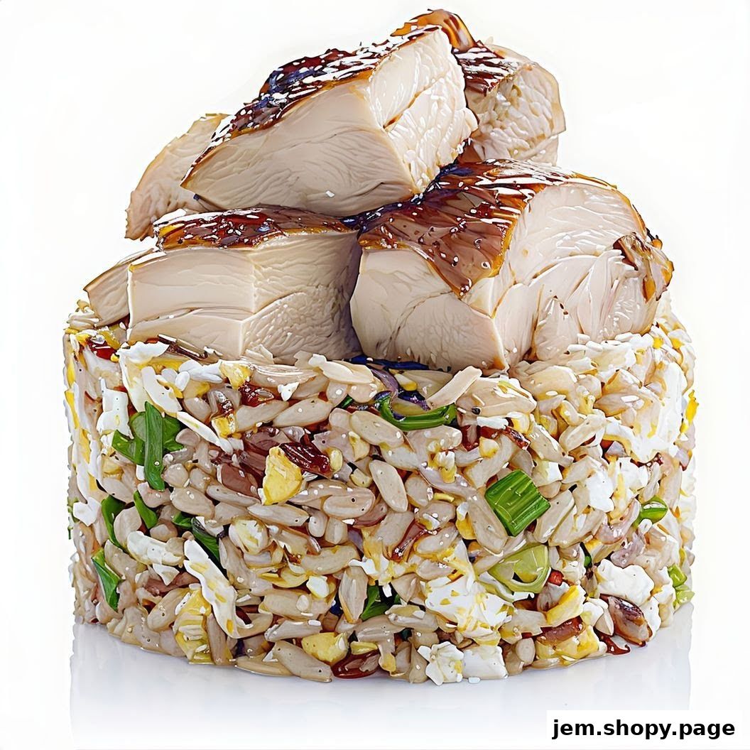 A close-up of a delicious dish featuring roasted chicken pieces atop a bed of mixed grains and vegetables.