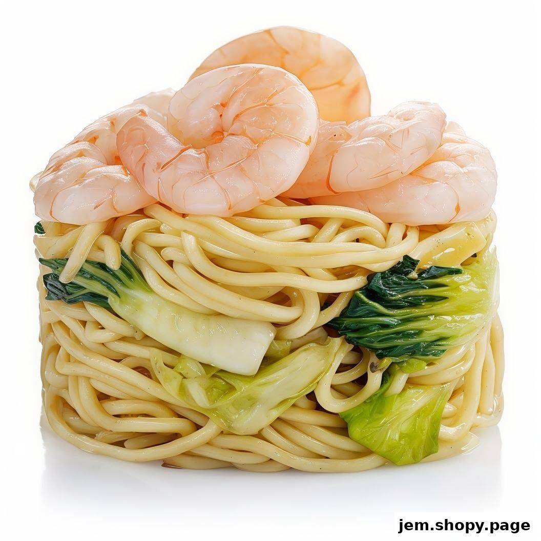 A close-up of a noodle dish with shrimp and bok choy, presented in a cylindrical shape.