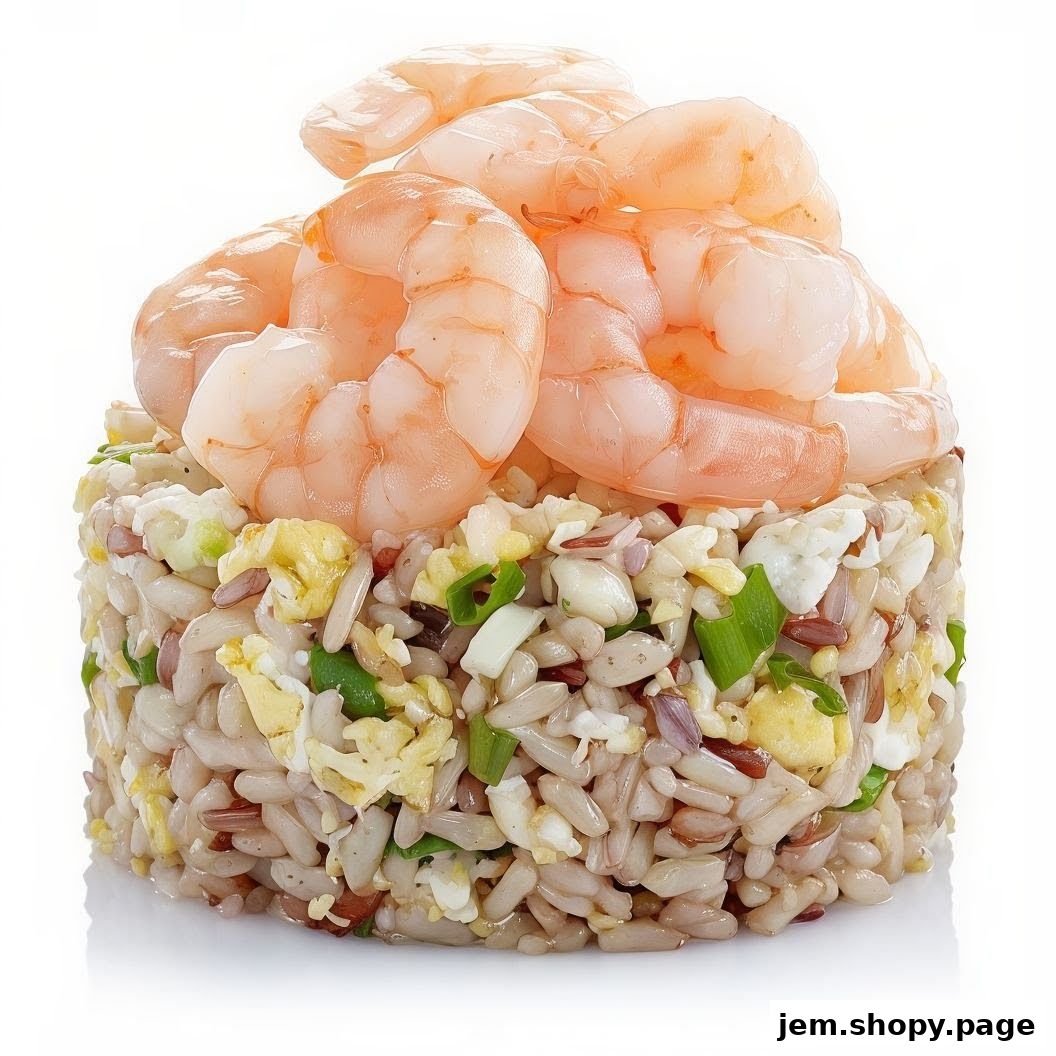 A close-up shot of a serving of fried rice topped with several cooked shrimp.