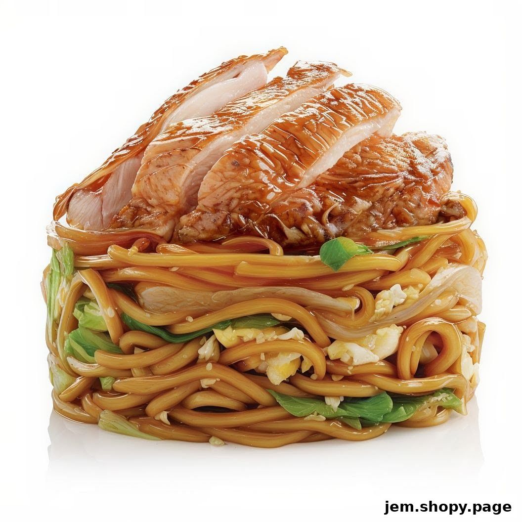 A close-up of a delicious stir-fried noodle dish topped with sliced grilled chicken.
