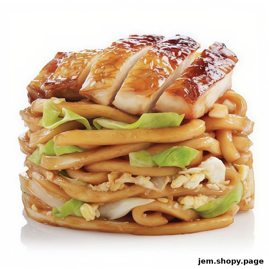 A close-up shot of a delicious stir-fried noodle dish topped with sliced grilled chicken.