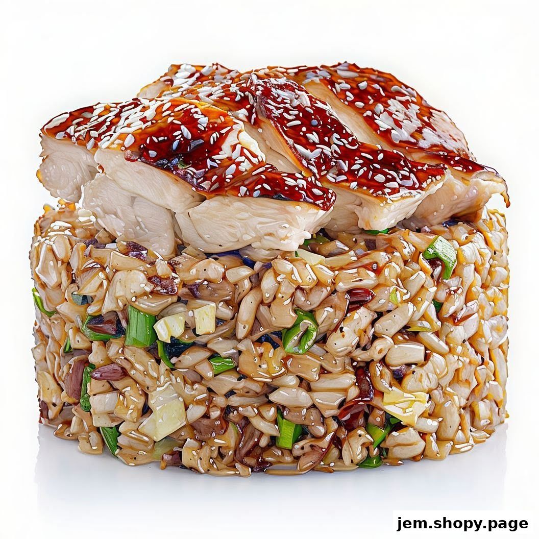 A close-up of a delicious stir-fried rice dish topped with glazed chicken and sesame seeds.