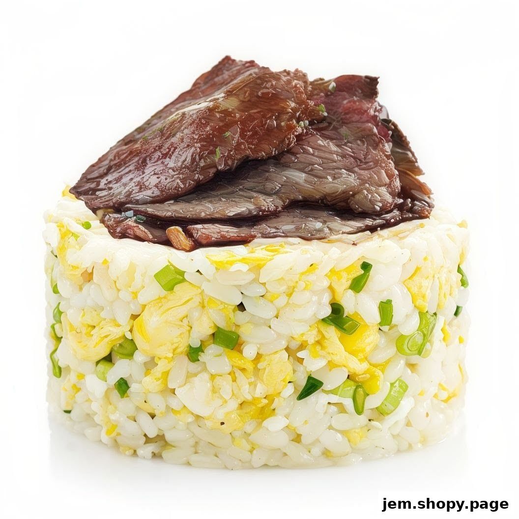 A close-up of a cylindrical serving of fried rice topped with thinly sliced beef.