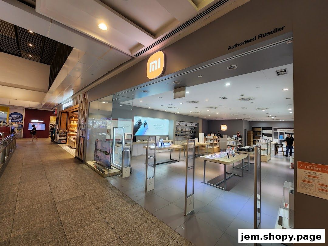 Exterior view of a Xiaomi Authorized Store with products displayed inside.