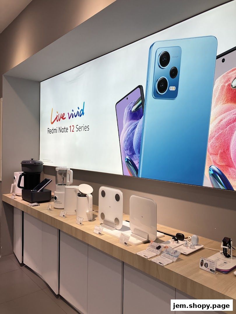 Xiaomi store display featuring smartphones and various smart home appliances.