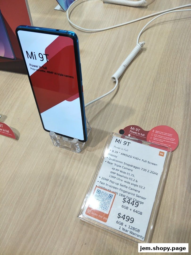 A Xiaomi Mi 9T smartphone is displayed with its features and pricing information.