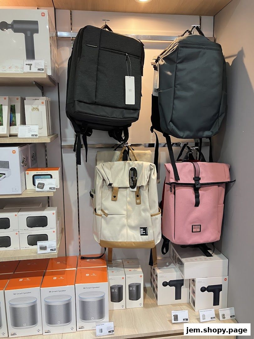 Display of Xiaomi backpacks, smart speakers, and massage guns in a retail store.