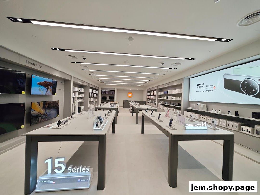 Interior view of a modern Xiaomi store showcasing smart TVs and mobile devices.