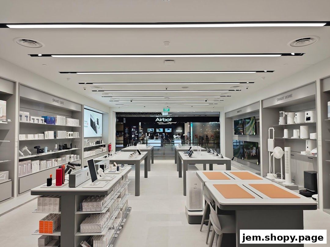 Interior of a modern Xiaomi store showcasing smart home and smart life products.