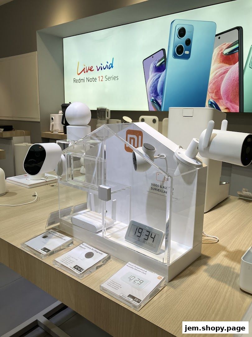 Xiaomi store display featuring Redmi Note 12 Series phones and smart home devices.