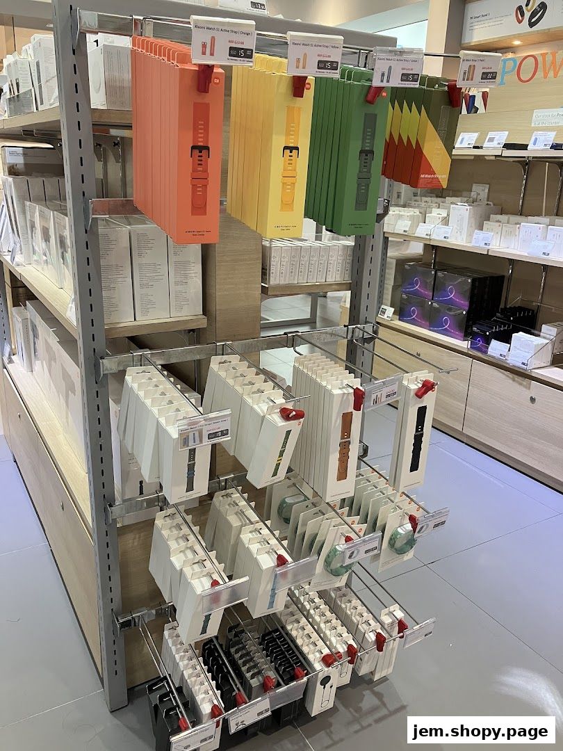 Display shelves filled with Xiaomi watch straps and accessories in various colors.