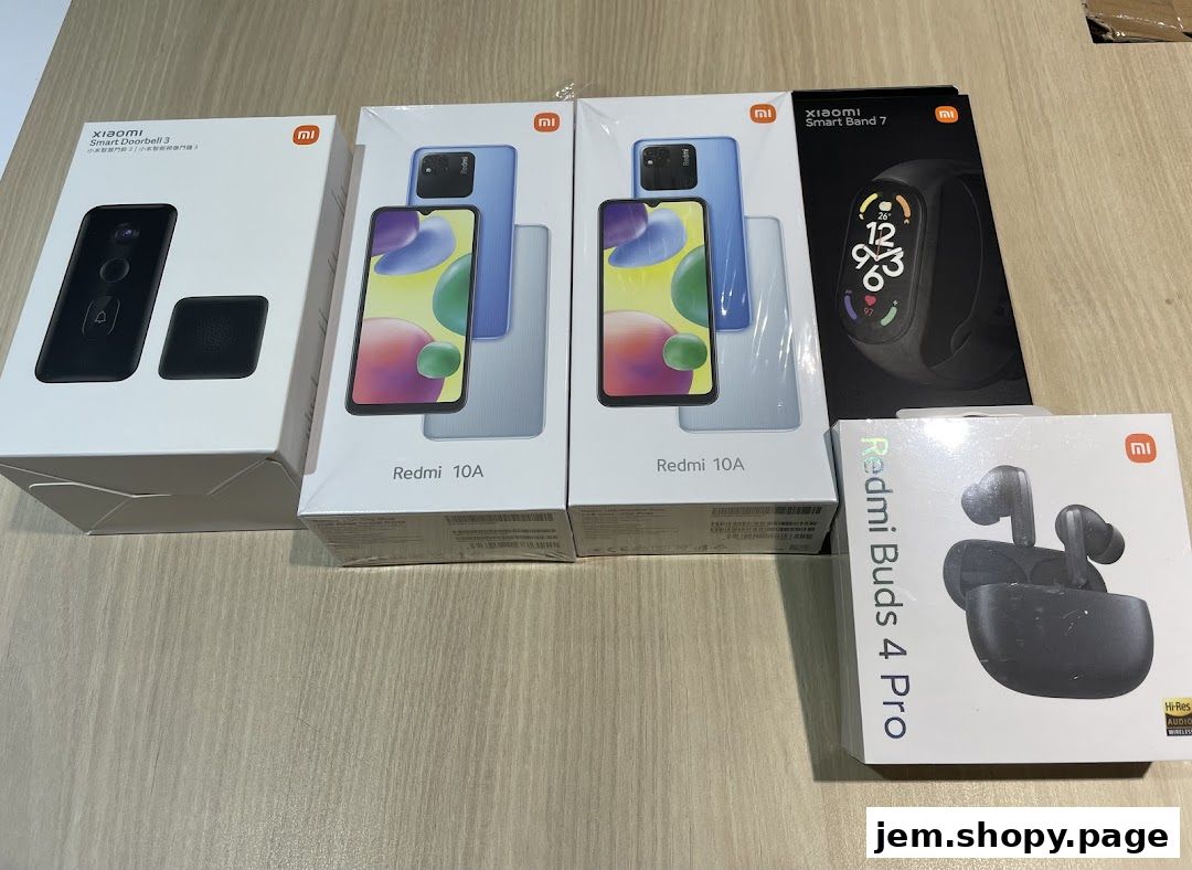 Various Xiaomi electronic products including smartphones, a smartwatch, and earbuds are displayed in their packaging.