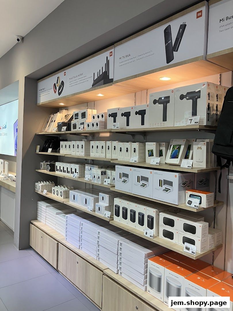 Interior view of a Xiaomi store showcasing various electronic products on shelves.