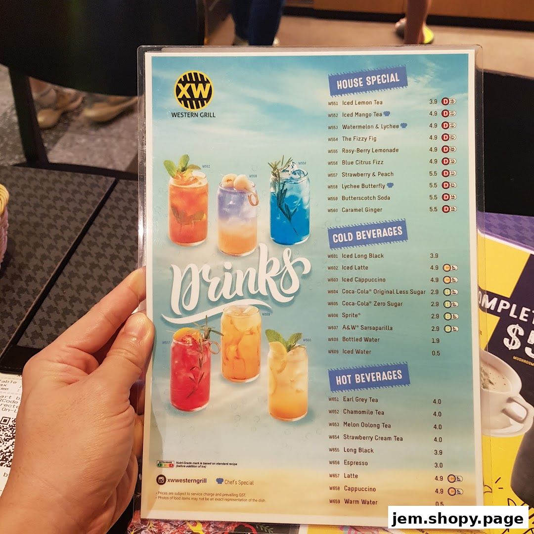 A hand holds a menu for XW Western Grill featuring various drinks with prices.