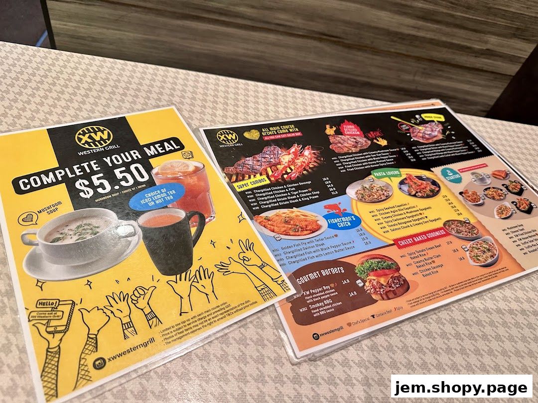 A menu from XW Western Grill featuring combo meals, super combos, pasta, seafood, burgers, and baked dishes.