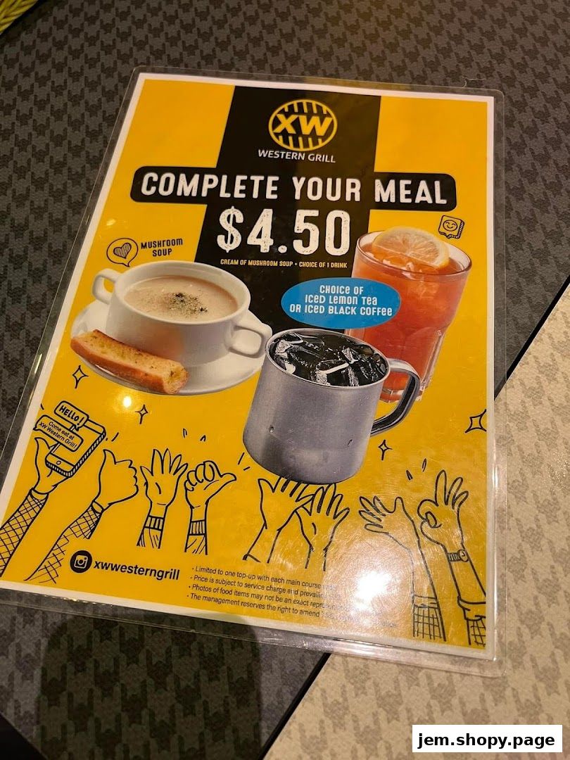 A menu offering a complete meal for $4.50 with soup and a drink.