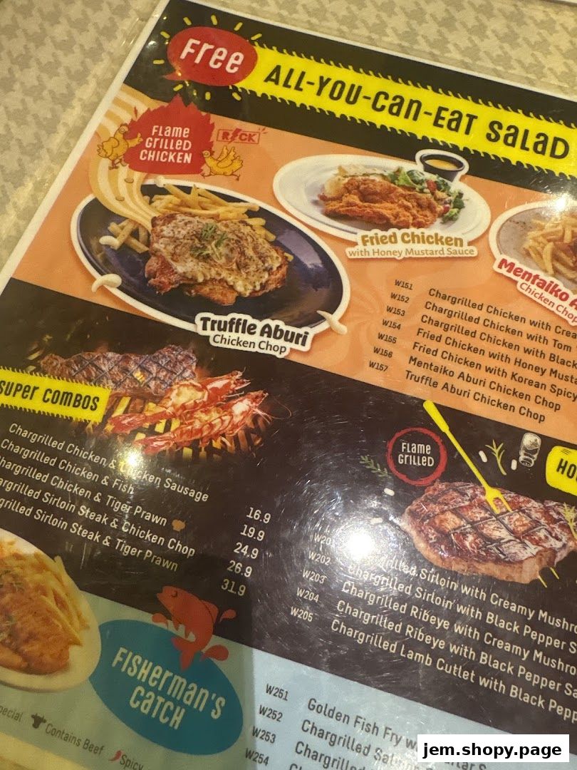 A menu from XW Western Grill featuring flame-grilled chicken, steak, and seafood options.