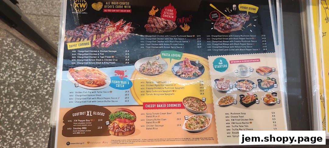 A menu from XW Western Grill featuring steaks, seafood, pasta, and sliders.