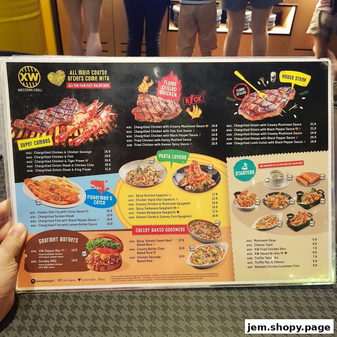 A menu from XW Western Grill featuring various grilled dishes, pastas, burgers, and starters.
