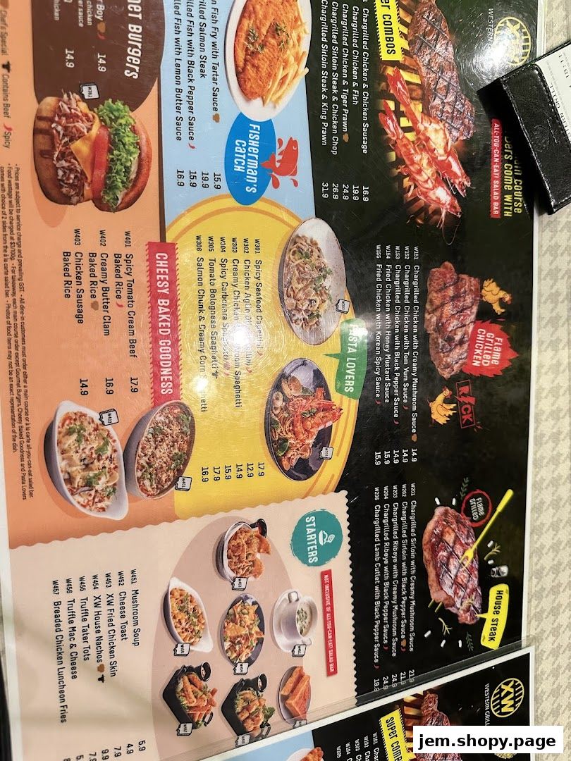 A menu from XW Western Grill featuring burgers, pasta, steaks, and starters.
