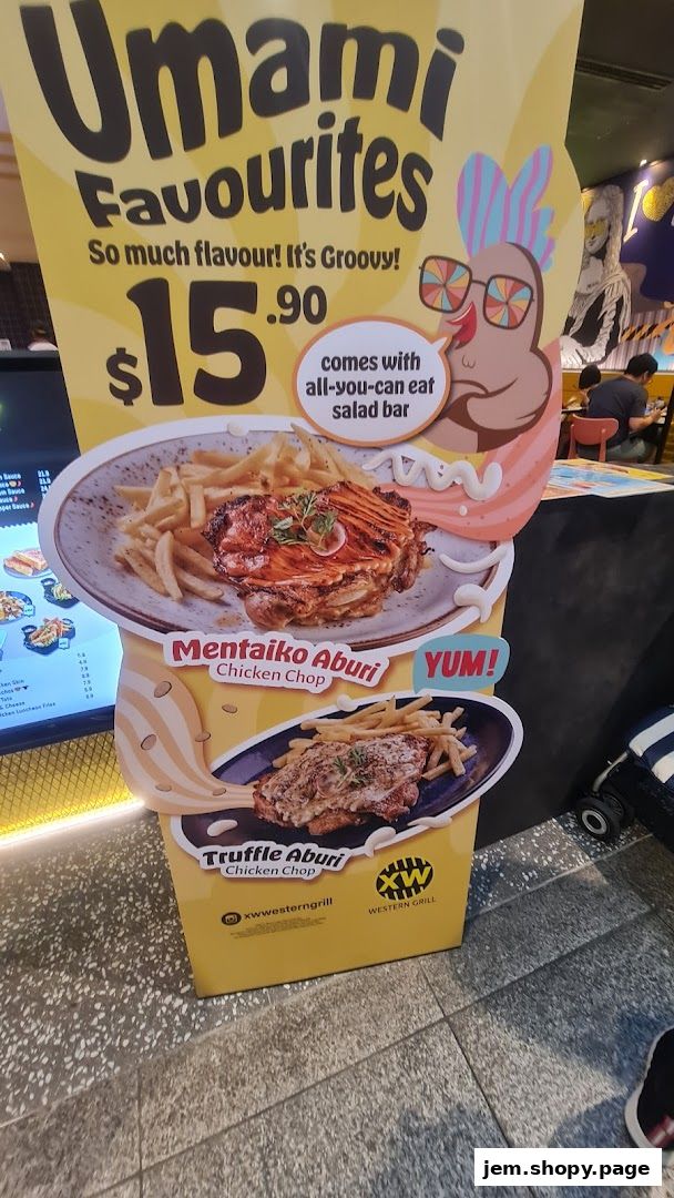 A promotional stand for XW Western Grill featuring 'Umami Favourites' chicken chops.