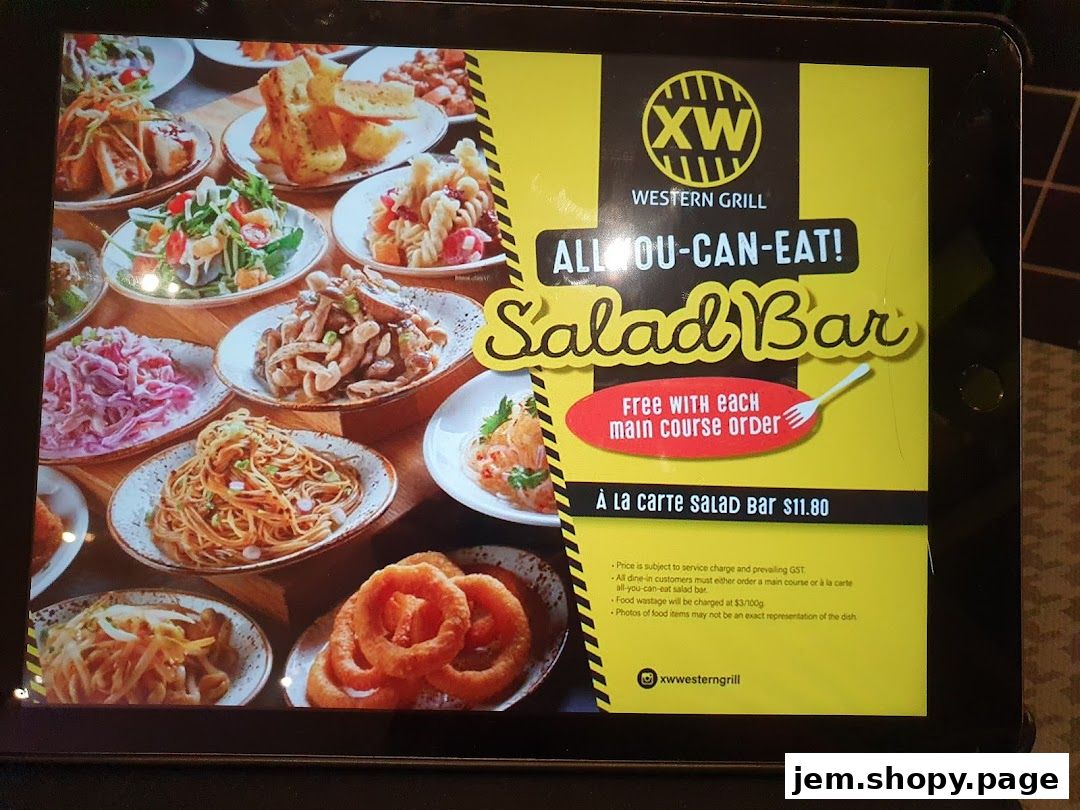 A digital menu displaying an all-you-can-eat salad bar with various dishes.