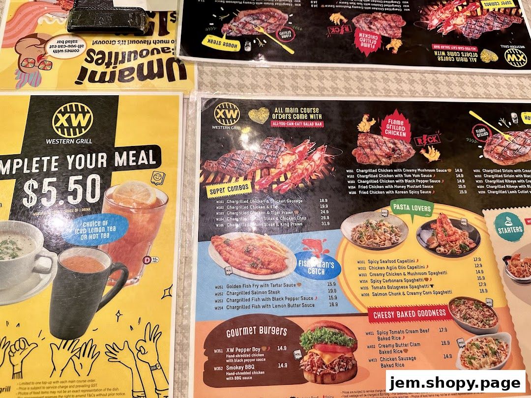 A menu from XW Western Grill featuring various meal options, including combos, pasta, burgers, and baked rice.