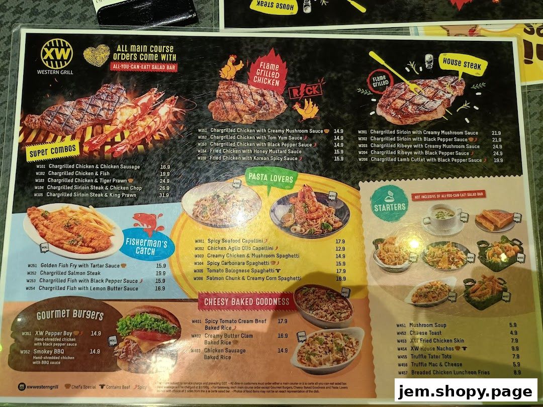 A menu from XW Western Grill featuring combos, pasta, burgers, and starters with prices.