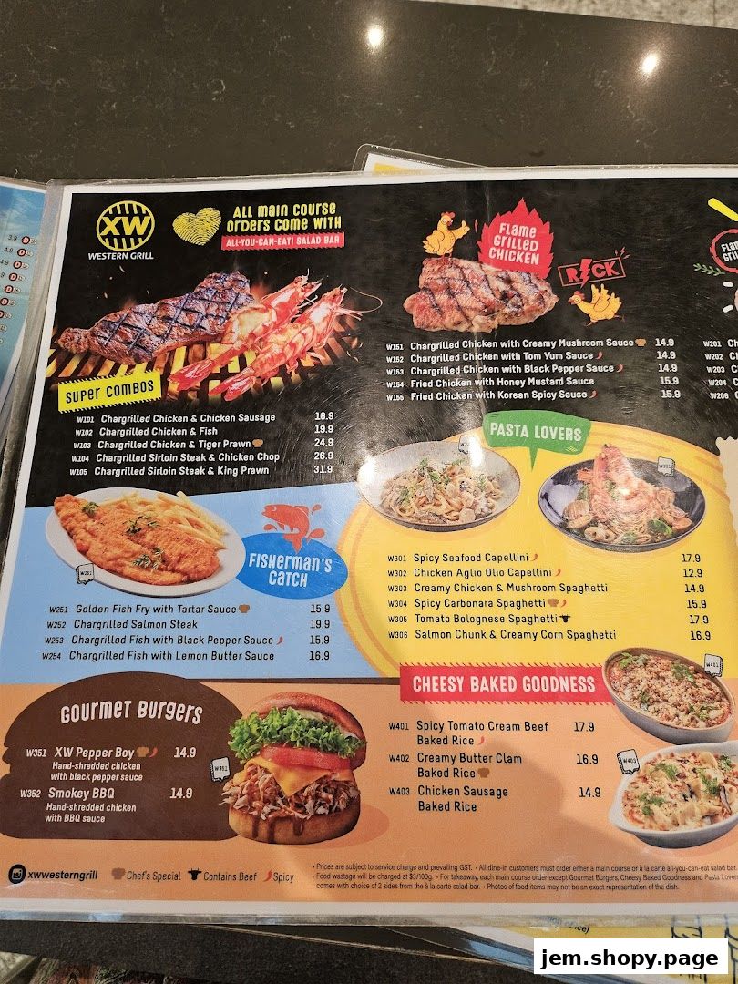 A menu from XW Western Grill featuring combos, pasta, burgers, and baked dishes.