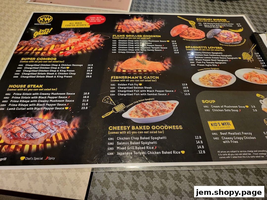 A menu from XW Western Grill featuring grilled meats, pasta, burgers, and kid's meals.