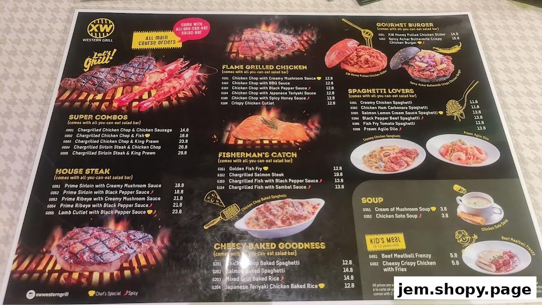 A menu from XW Western Grill featuring various grilled dishes, pastas, burgers, and sides.