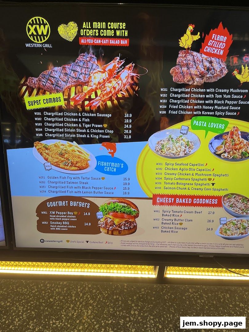 A menu board for XW Western Grill featuring various grilled dishes, pastas, and burgers.